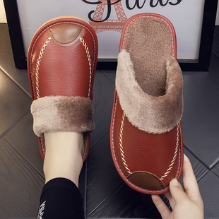 新款皮面棉拖鞋居家用男女室内防滑水PU皮保暖平底高颜值毛绒拖鞋