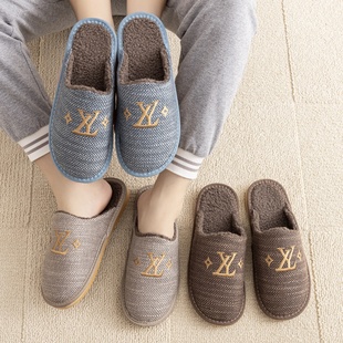 高颜值冬季保暖棉拖秋冬居家用防臭情侣男女新平软底防滑棉麻拖鞋