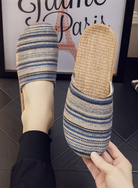 日式亚麻拖鞋高颜值布艺棉麻居家静音软平底男女包头月子凉拖家用