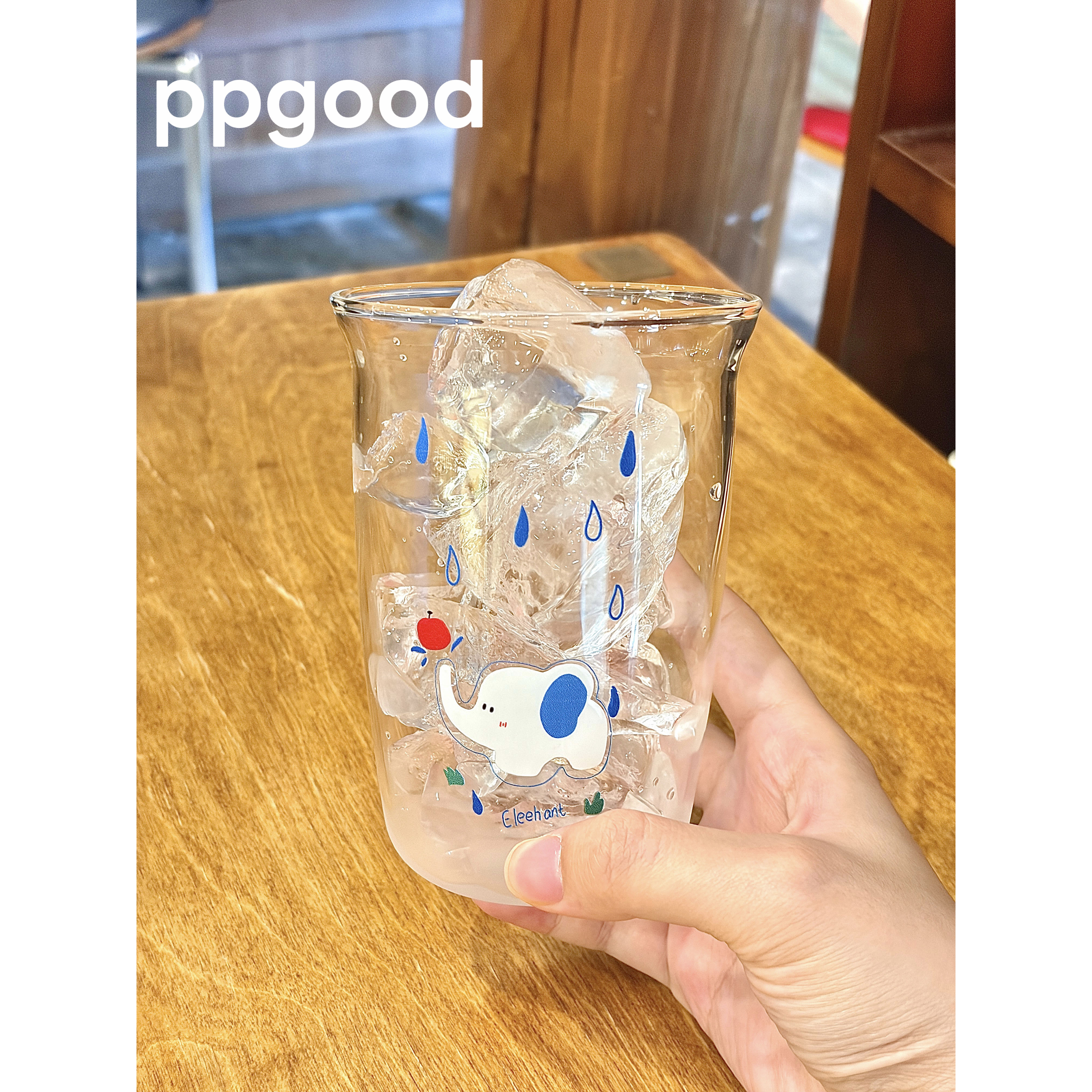 ppgood雨天小象印花玻璃杯ins风高颜值咖啡杯家用牛奶果汁冷饮杯