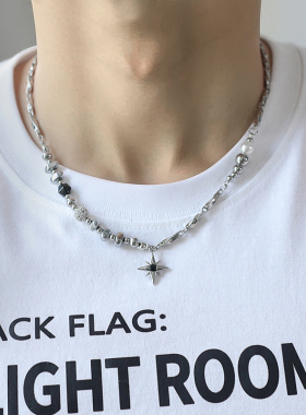 原创莫比乌斯碎石串珠黑星芒吊坠项链男生小众设计ins高级感钛钢