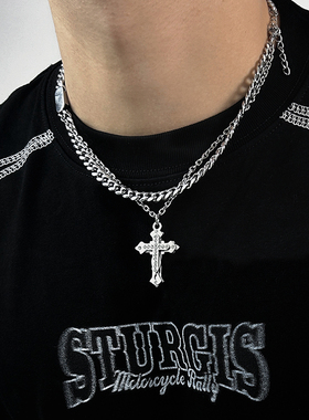 欧美古巴项链男十字架刻字铁牌锁骨链叠戴嘻哈ins钛钢潮牌高级感