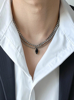 原创双层古巴叠戴马眼黑钻吊坠项链男生小众设计ins百搭配饰钛钢