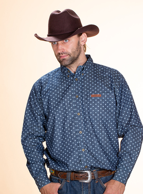 COUNTRY BAR/乡村酒吧美式复古男人休闲衬衫全棉纯棉蓝色印花衬衣