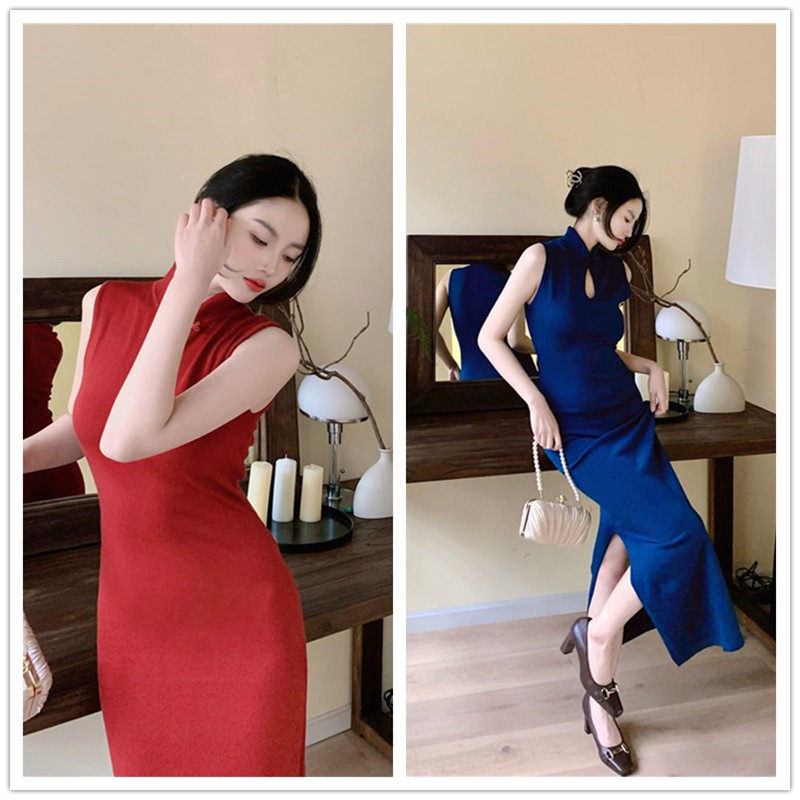 冰丝夏季新中式复古镂空盘扣收腰显瘦开叉过膝背心裙旗袍连衣裙女