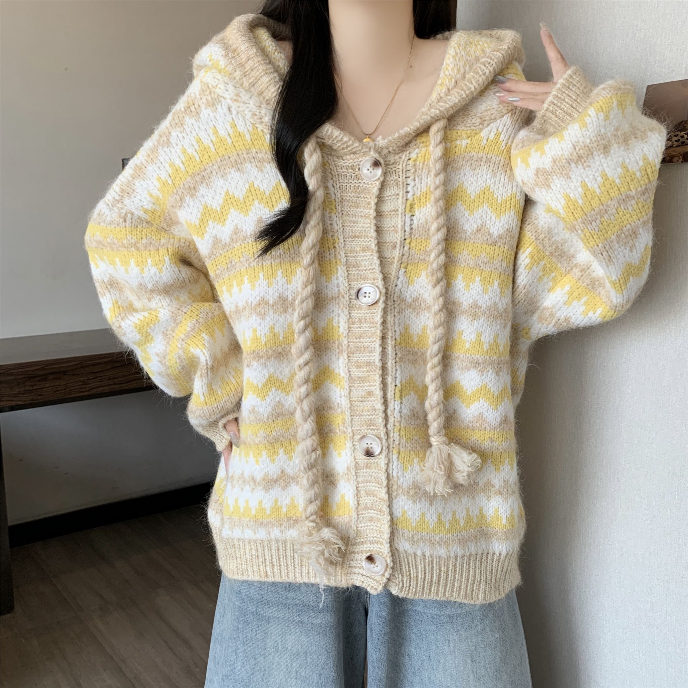 费尔岛连帽针织开衫女秋冬装复古提花宽松慵懒风麻花抽绳毛衣外套