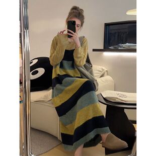 韩系慵懒风撞色条纹针织背带连衣裙子女早秋冬装宽松休闲外穿上衣