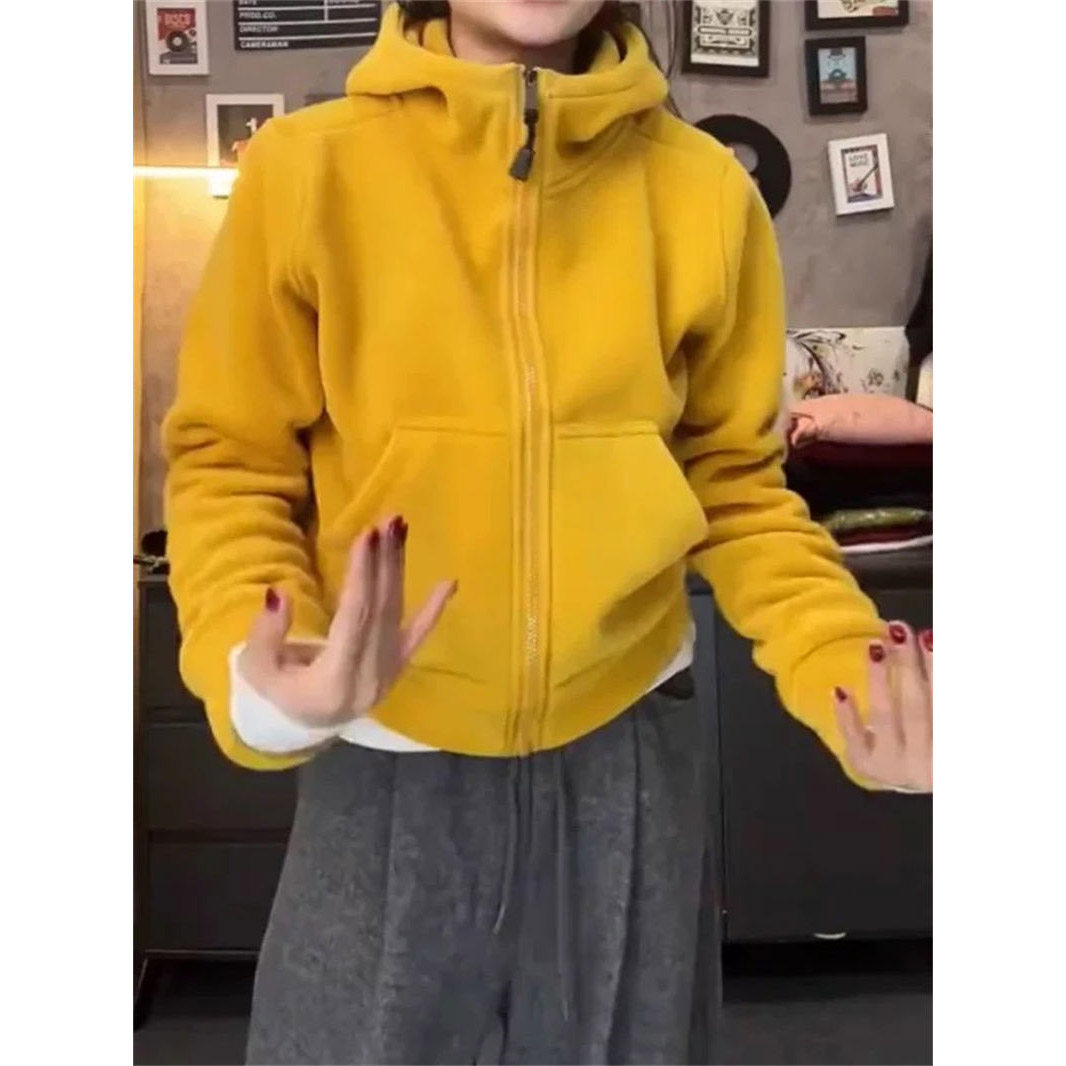 橘黄双面摇粒绒外套女秋冬宽松连帽拉链卫衣南瓜色加绒厚美式上衣