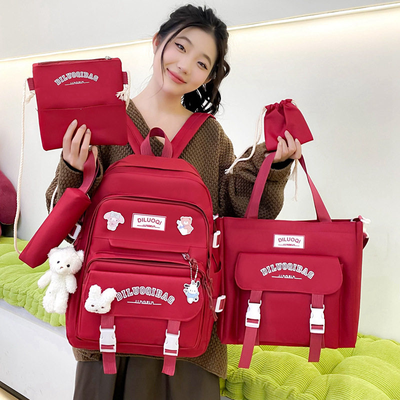 正品五件套大容量书包小清新帆布双肩背包