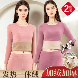 保暖内衣女士加厚加绒套装 羊羔绒 一体羊羔绒秋衣秋裤 德绒发热大码