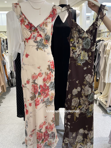 U.me 复古V领荷叶边印花连衣裙女温柔风系带碎花吊带长裙
