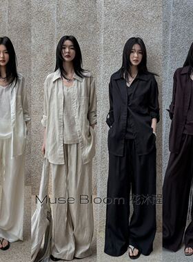 花沐醒老钱风三件套亚麻衬衫阔腿裤套装女巨好看的夏装大方得体