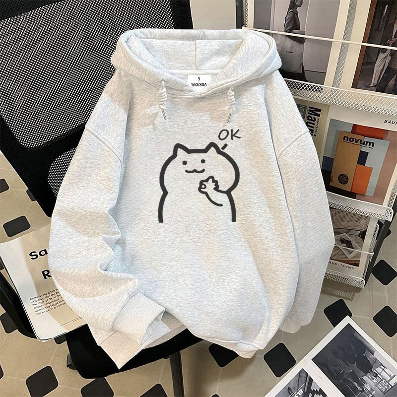 银狐绒秋冬季简约涂鸦印花连帽卫衣男女宽松休闲ins潮流加绒外套