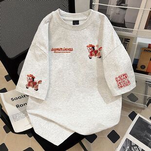 重磅纯棉新年喜庆个性小马仿刺绣短袖T恤情侣装夏季百搭上衣男女