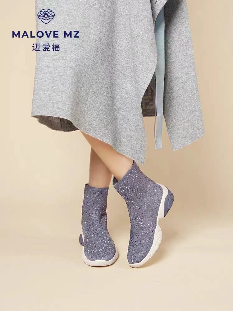 MALOVE MZ女鞋2023秋冬新款水钻烫钻厚底运动弹力靴袜靴女休闲靴