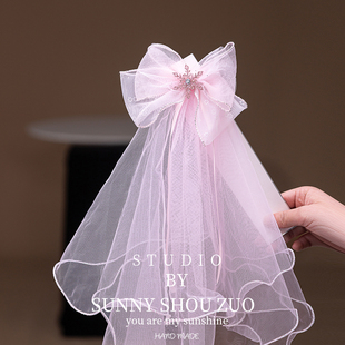 女童长头纱爱沙公主披纱发夹生日礼服配饰新款女孩蝴蝶结顶夹中秋