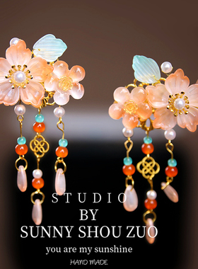 春款儿童橙色古风超仙花朵发夹女珍珠流苏汉服头饰甜美橘色发饰