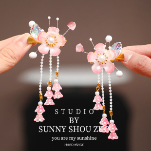 女侠儿童古风汉服发夹女超仙粉色花朵流苏发饰头饰古装配饰