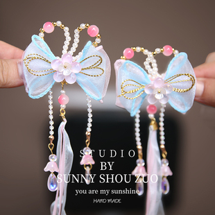 儿童汉服发带发夹汉服唐装发卡飘带扎小啾啾头绳簪花古风头饰编发