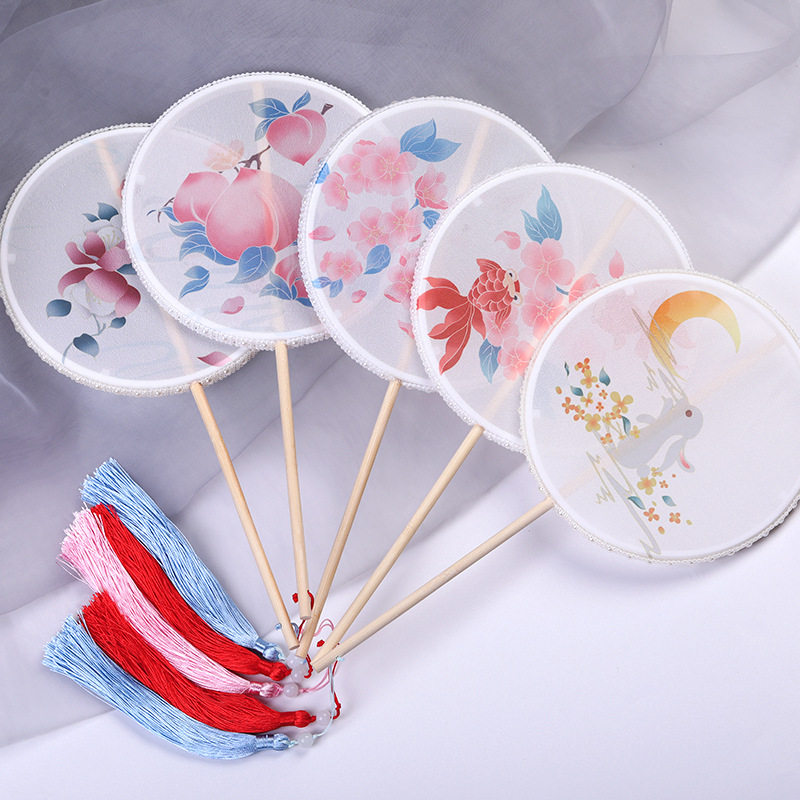 儿童团扇古风扇子汉服配饰手持扇刺绣长柄小号圆扇古典舞国风道具