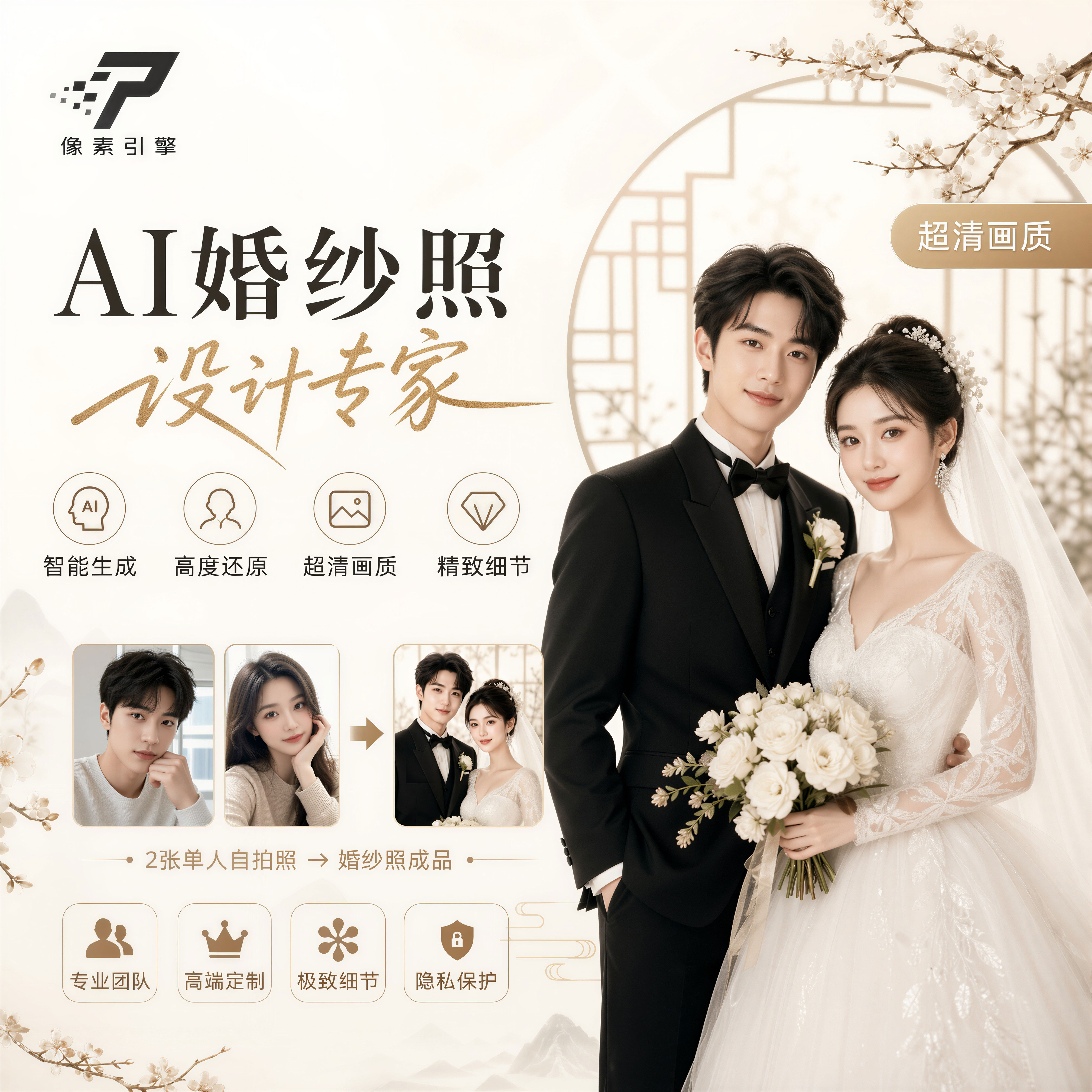 AI婚纱照定制不撞衫专属生成人物一致性古风民国白纱多种风格可选