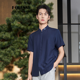 佛伦斯FOLUNSI男衬衣春夏款亚麻男士休闲中式立领时尚短袖衬衫男