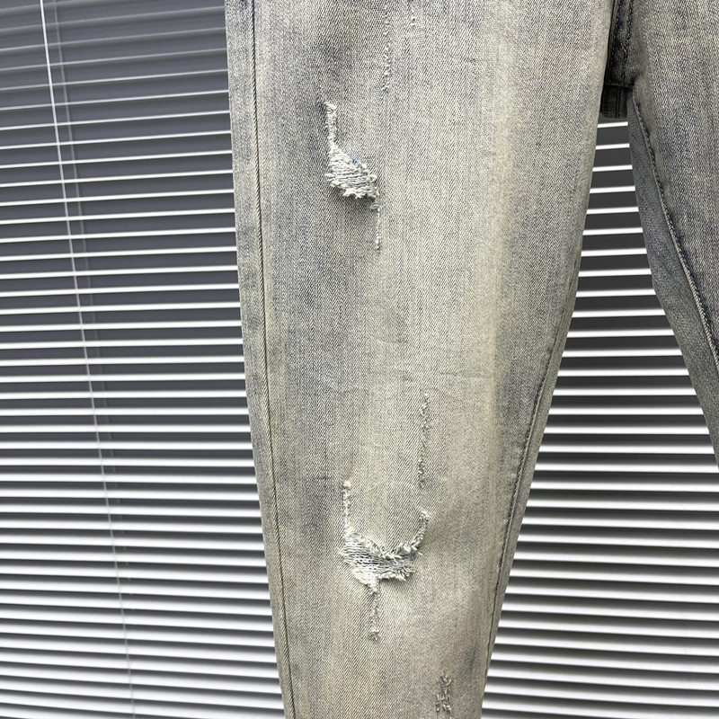 男士弹力修身小脚裤2023新款水洗做旧发黄复古牛仔裤破洞高街长裤