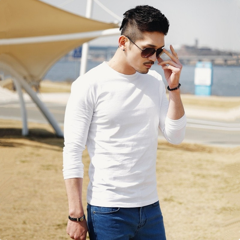 潮牌秋冬季男士韩版纯棉休闲打底衫2025新款潮流修身圆领长袖T恤