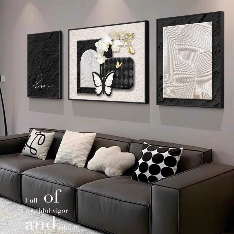法式黑白抽象客厅装饰画中古风蝴蝶沙发背景墙挂画高级感三联壁画图片