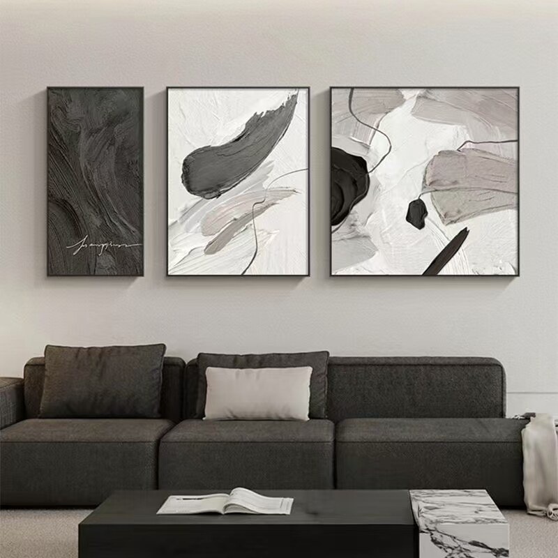 极简黑白客厅装饰画现代简约沙发背景墙挂画抽象肌理感大气三联画