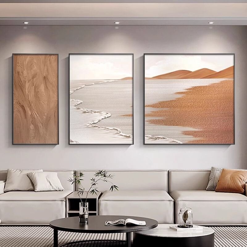海浪肌理感沙发背景墙壁画北欧风三联挂画抽象现代简约客厅装饰画