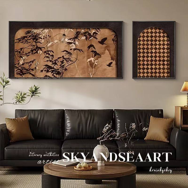 中古风客厅装饰画法式复古沙发背景墙壁挂画高级感小众艺术两联画