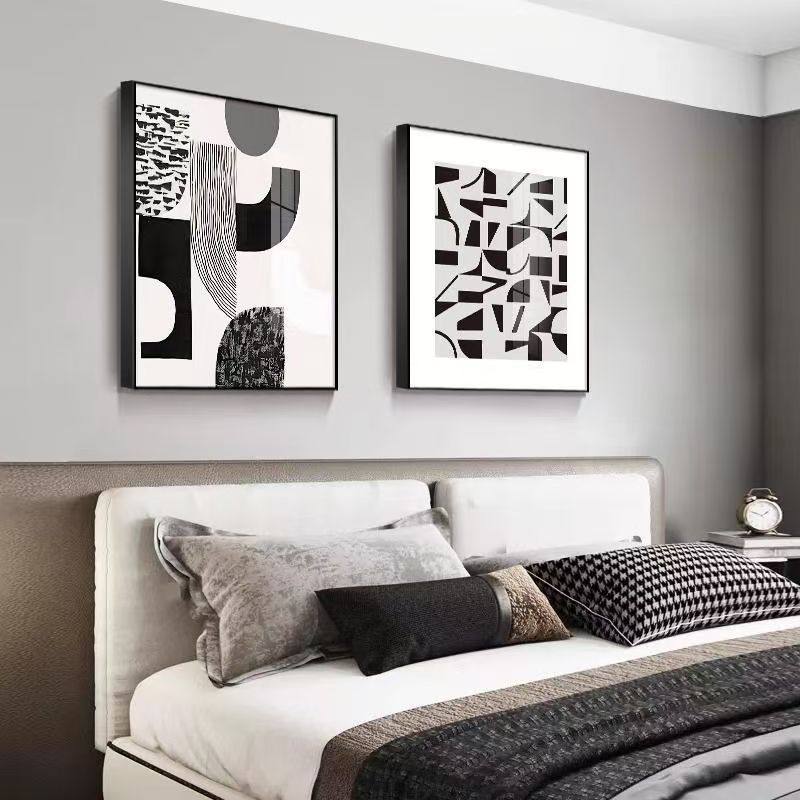 现代简约卧室床头装饰画抽象黑白灰客厅挂画极简高级感餐厅墙壁画