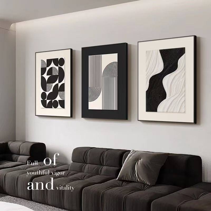 黑白极简客厅装饰画高级感沙发背景墙挂画现代简约抽象艺术三联画