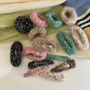 Busan秋冬彩色绕布杂色毛线头绳发夹甜美可爱少女侧边夹发圈发饰