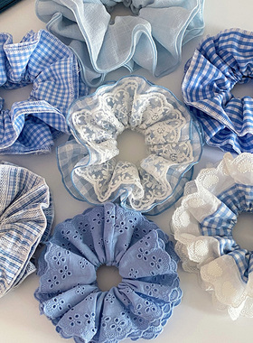 Busan海盐蓝色系大肠发圈韩系春夏清新蕾丝格子马尾丸子头发绳女