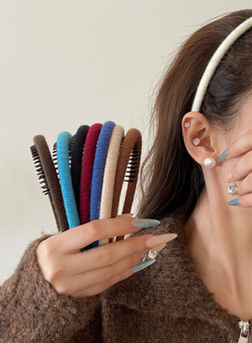 Busan纯色毛线缠绕带齿防滑发箍女2024新款复古洗脸头箍百搭头饰