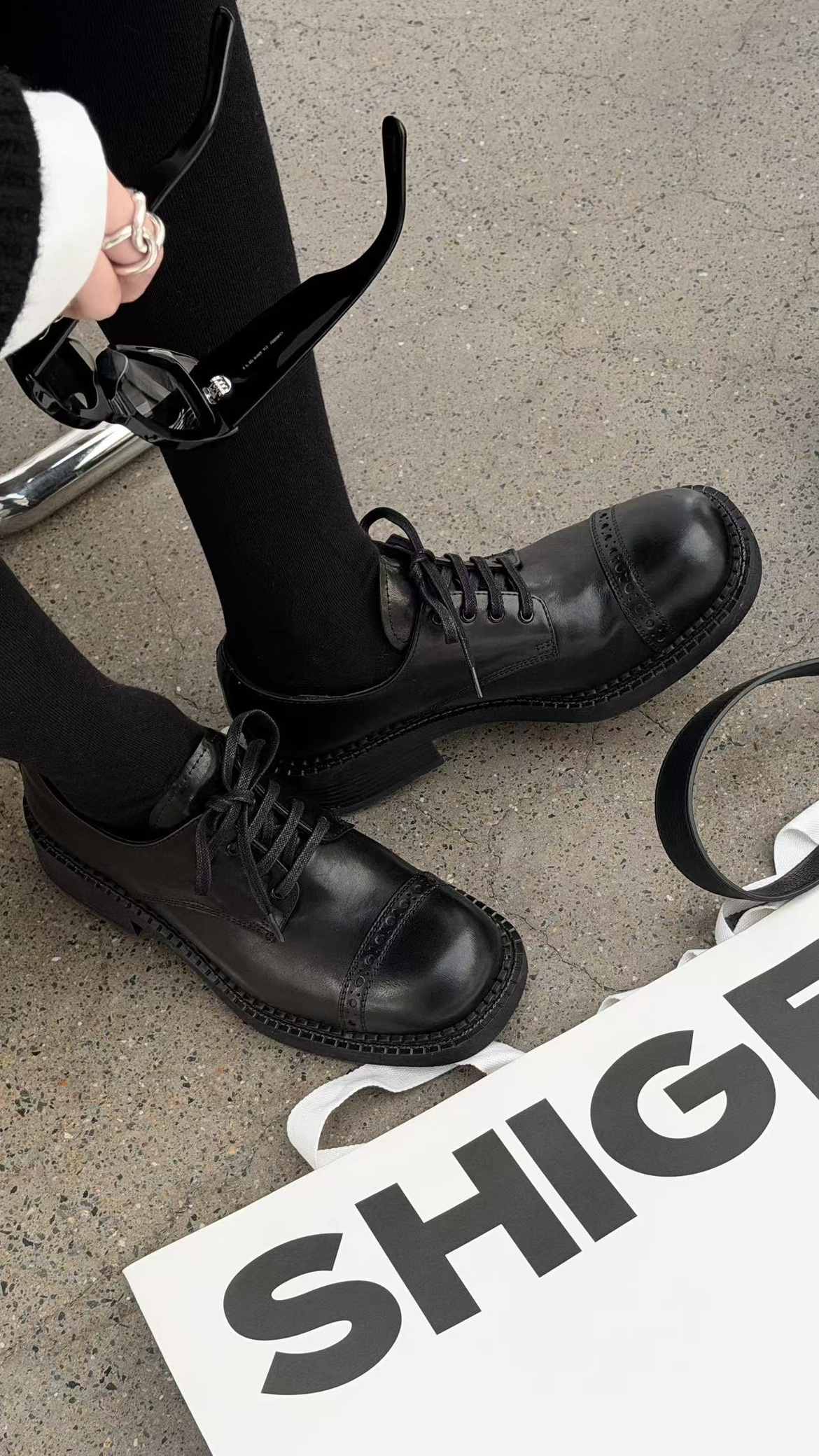 诗歌兰粗跟系带真皮英伦风皮鞋