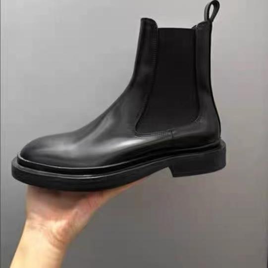 诗歌兰粗跟圆头真皮短靴马丁靴