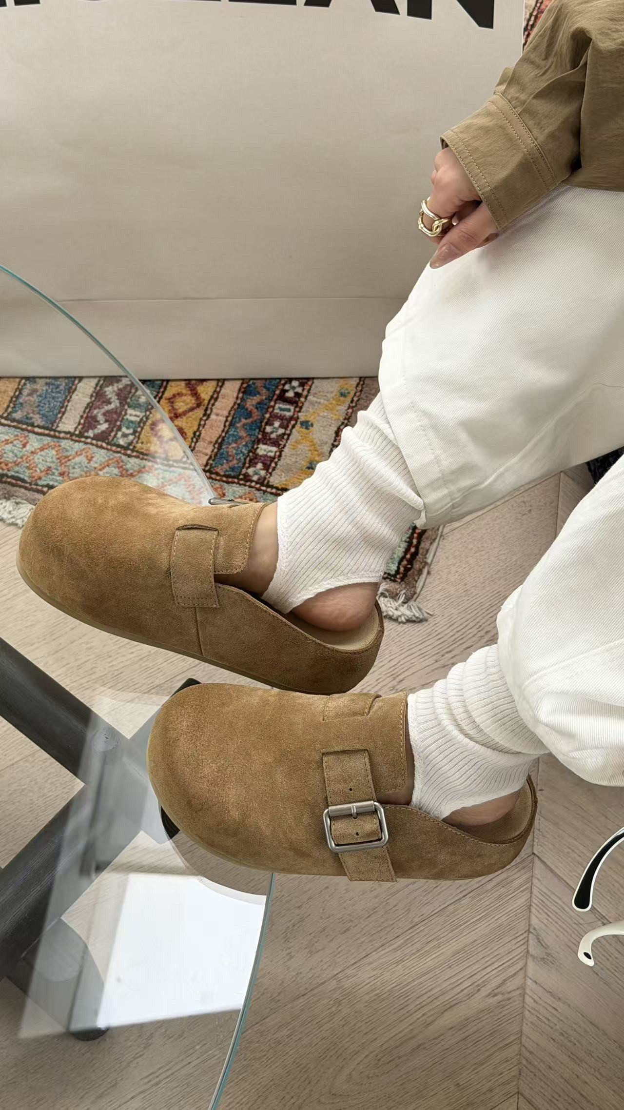 诗歌兰真皮女鞋2026春季新款时尚百搭厚底勃肯鞋一脚蹬懒人鞋拖鞋