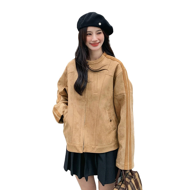 卡其色麂皮绒短款外套女2024秋季新款高级感复古休闲小个子夹克潮,女装短外套,婷丫丫