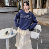 ootd穿搭藏青色卫衣套装女2025春秋超火巨好看休闲减龄长裙两件套，女装短外套，婷丫丫