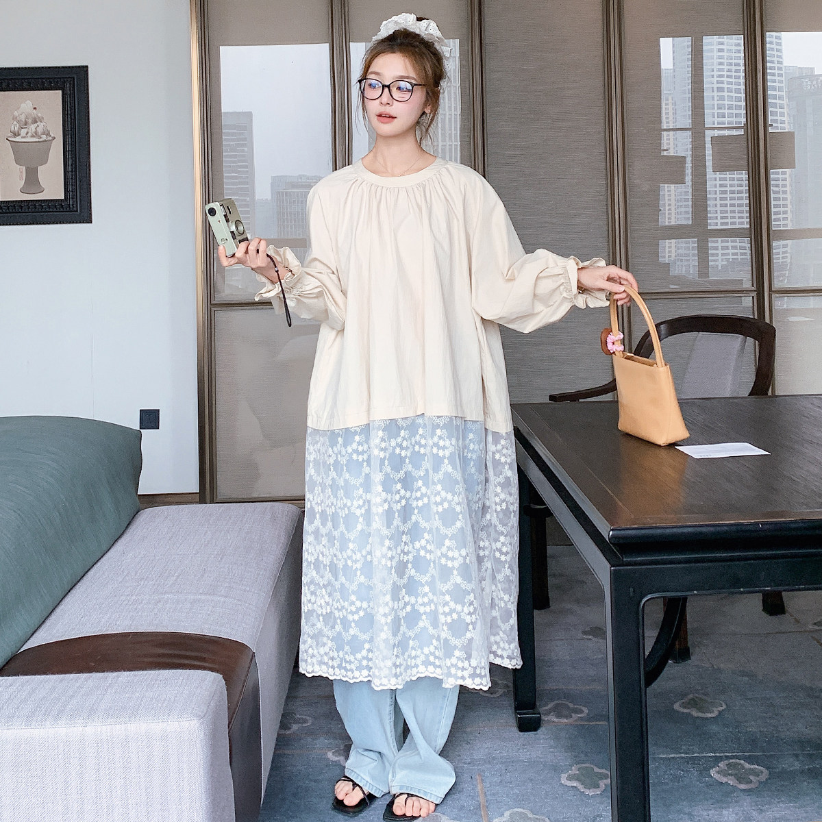 2025春季新款设计感蕾丝拼接气质宽松时尚百搭提花韩版休闲连衣裙，商品下架区商品下架区，婷丫丫