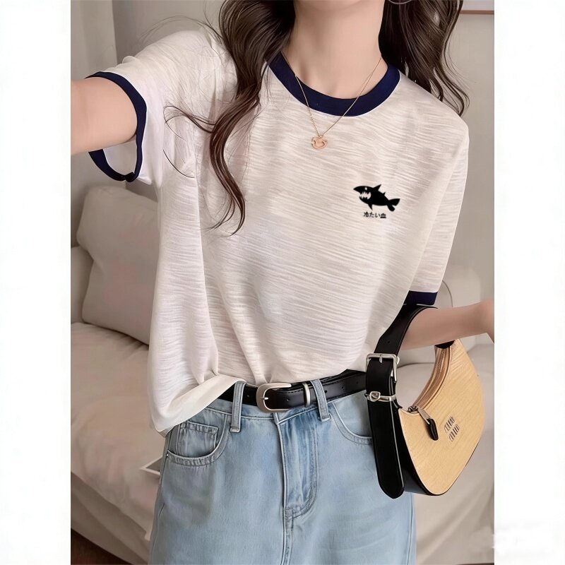 竹节棉白色短袖t恤女夏季新款薄款宽松设计感学生卡通印花上衣潮