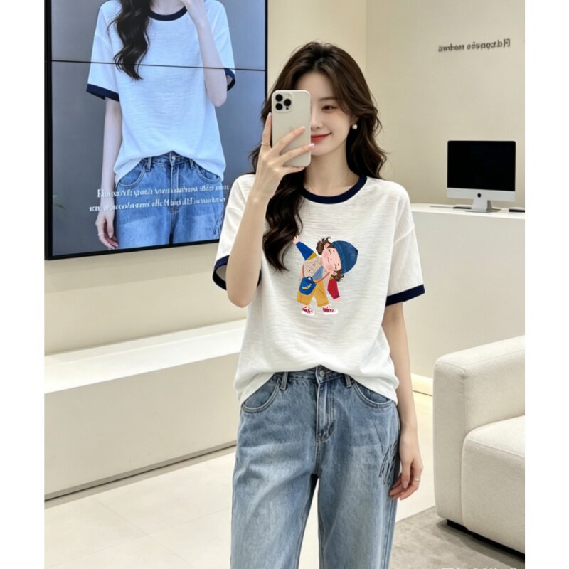 竹节棉夏季新款大码遮肚子印花短袖女韩版气质百搭圆领上衣女T恤