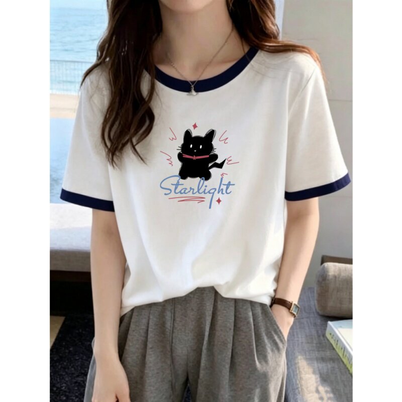基础简约撞色圆领短袖t恤女夏装新款大码显瘦遮肉胖mm上衣纯棉