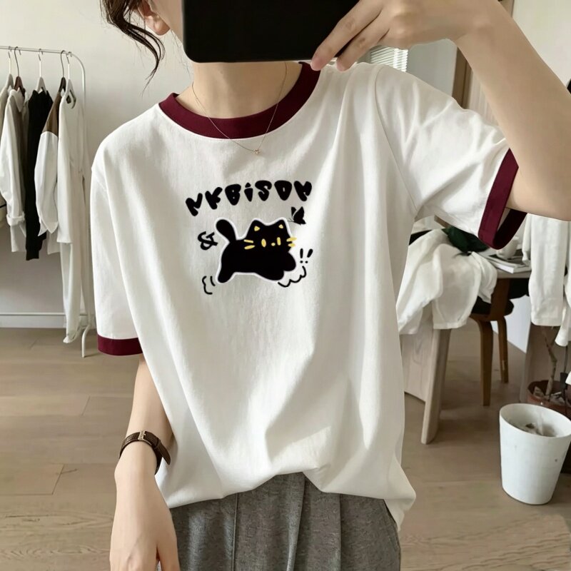 撞色纯棉短袖t恤女夏季微胖显瘦休闲减龄胖mm遮肉上衣印花潮