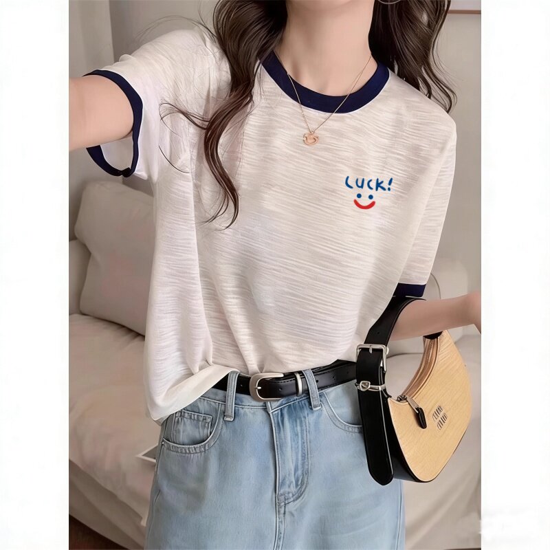 竹节棉白色短袖t恤女夏季薄款宽松设计感学生卡通印花新款上衣潮