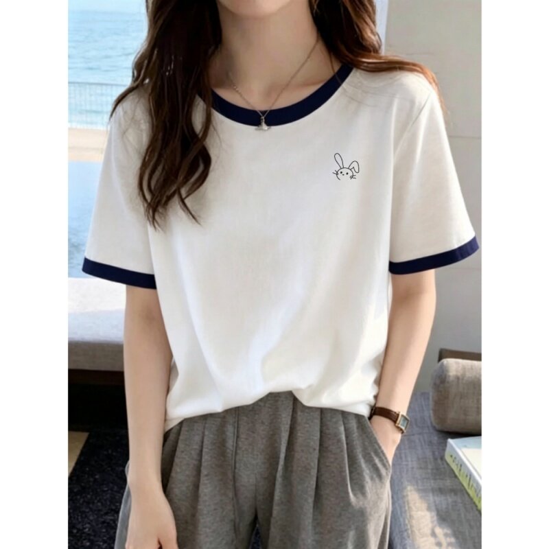 纯棉撞色显瘦短袖t恤女夏季大码休闲胖mm圆领印花休闲上衣