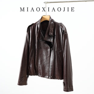 高级感油蜡羊皮真皮皮衣女宽松机车皮夹克短款 皮外套2025新款
